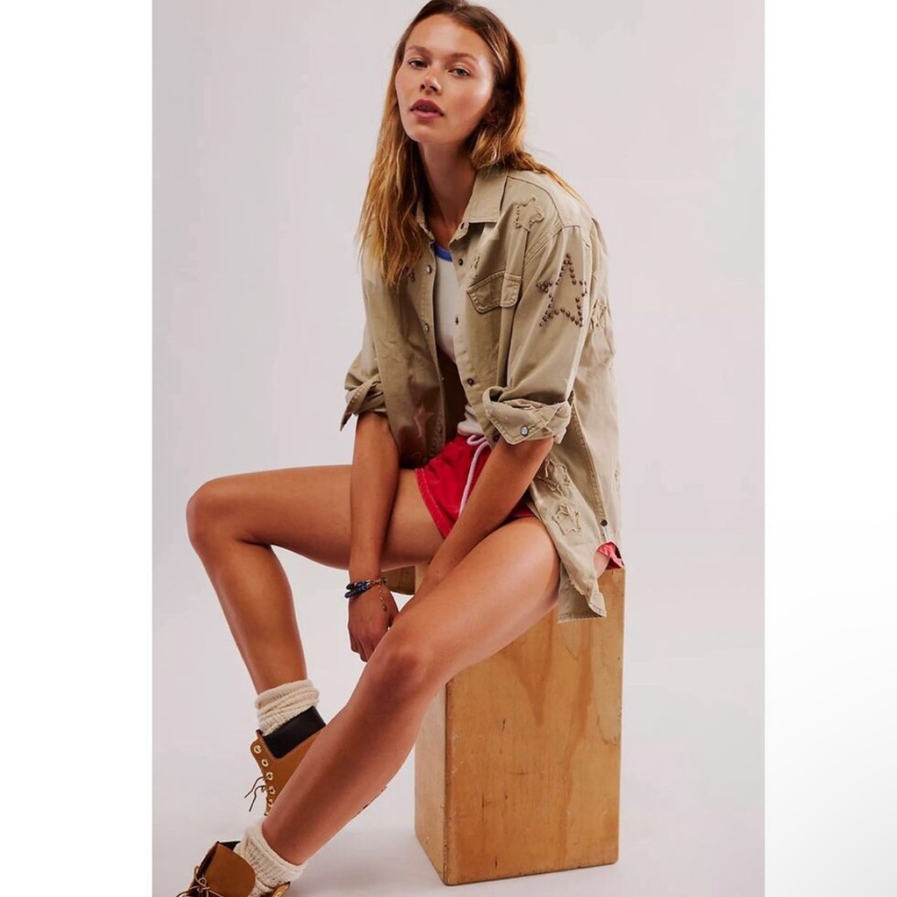 Free People X One Teaspoon patchwork Embroidered Star sage Tan Jacket MSRP $178